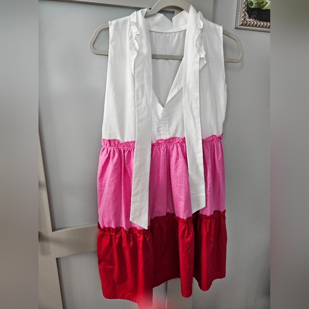 Colorblock Tiered Dress in White, Pink, and Red - Picture 2 of 3